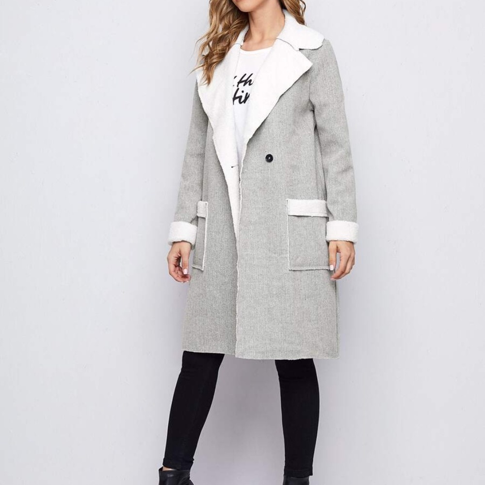 grey shearling lined teddy pocket trench pea coat - Picture 5 of 5